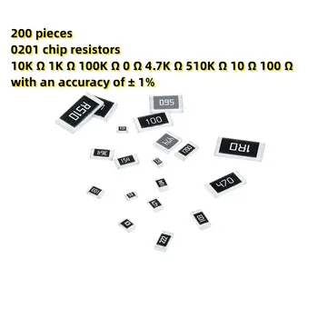 200 kusů 0201 čipové rezistory 10K Ω 1K Ω 100 Ω 0 Ω O 4,7 K Ω 510K Ω 10 Ω 100 Ω s přesností ± 1% Napájení: 1/20W Obrázek