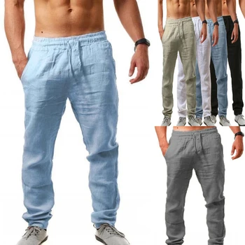 2021 Nové Pánské Bavlněné Plátěné Kalhoty Mužské Letní Prodyšné jednobarevné Plátěné Kalhoty Fitness Streetwear M-3XL Pánské Oblečení Obrázek