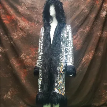 2022 ženy Barevné Faux fox kožešiny duhové Flitry, kapuce Klub dlouhý kabát bunda Fázi party kostýmy, nové Módní Obrázek