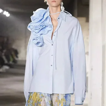 2023 Podzim Nové Módní Dlouhé Košile pro Ženy, Luxusní Design 3D Skládaný Květinové Ležérní Halenka Dlouhý Rukáv Oversize Topy Femme Obrázek