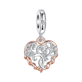 925 Sterling Silver Tree of Life Tvaru Srdce Duté Rose Gold Kouzlo Fit Originální Pandora Kouzlo Náramky Ženy DIY Šperky Dárkové Obrázek
