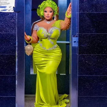 Aso Ebi Neon Zelená Večerní Šaty Illusion Nášivka Dlouhé Rukávy Ples Šaty Plus Velikost Perly Formální Šaty Lištování Krajka Up Zpět Obrázek