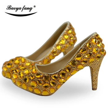 BaoYaFang Golden crystal Dámské Svatební boty Vysoké podpatky boty na Platformě žena party šaty boty Velké velikosti ženy boty kolo toe Obrázek