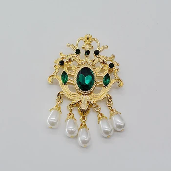 Barokní Šperky Zelená Crystal Drahokamu Dlouhý Kovový Zinek Slitiny Zlata Pozlacený Špendlík Perlové Náušnice a Brož pro Ženy Obrázek