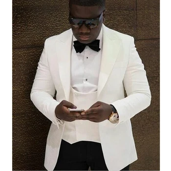 Bílé Formální Ženich Oblek pro Svatební Africké Módní Slim Fit Pánské Obleky, 3 Ks Mužské Bundy Vesta s Černými Kalhoty 2024 Obrázek