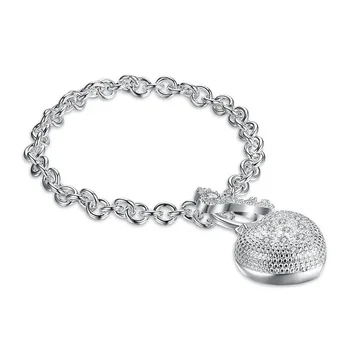 CHUANGCHEBG Móda Drahokamu Tvaru Srdce A Klíč, 925 Sterling Silver Náramek pro ženy Řetízky Obrázek