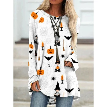 CLOOCL Ženy Posádky Krku Košile Svíčka Dýně, pavučina Duch Tisk Dlouhý Rukáv T-Košile Módní Ležérní Svetr Halloween Obrázek