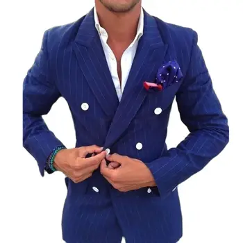 Dvouřadový Modrý Proužky Pánské Sako Slim Fit Vrchol Klopě Sako Na Zakázku Kusů Gentleman Formální Kabát Obrázek