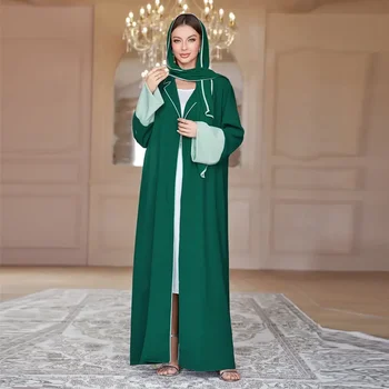 Dámské Šaty Zelené Abaya s Šátek Eid Muslim Dlouhý Rukáv Patch Vzorů Dubaj Abayas Svetr Arabské Párty Šaty Dlouhé Roucho Obrázek