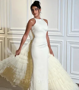 Elegantní Bílá Mořská panna Prom Šaty Skládaný Stupňovitý s hlubokým Výstřihem Arábie Design bez Rukávů Podlahové-délka Večerní Šaty Vestidos de Obrázek