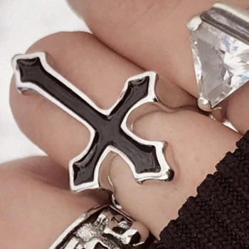 Harajuku Módní Gothic Černý Kříž ve Tvaru Kroužků Ročník Otevřeného Prsteny pro Muže, Ženy Egirl Street Punk Prsten Šperky Velkoobchod Obrázek