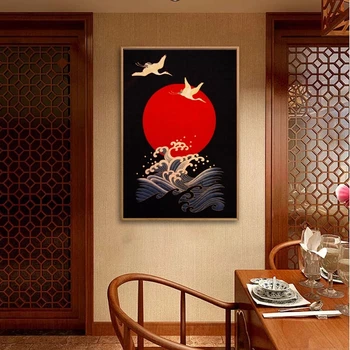 Japonština [Ukijoe] Ocean Wave Vintage Červené Slunce Plátně Obraz, Plakát a Tisk Wall Art Obrázky pro Obývací Pokoj Domácí Dekor Cuadros Obrázek