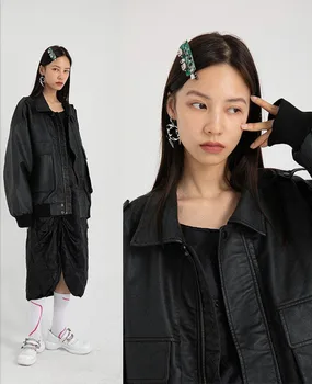 Jaro Volné Krátké Měkké Hnědé Pu Kožená Bunda Ženy Dlouhý Rukáv Korean Módní Oblečení pro Ženy 2023 streetwear Obrázek