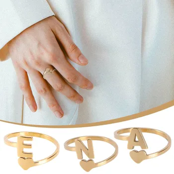 Jednoduché A-Z Dopisu Nastavitelný Prsten Módní Srdce 26 Abeceda Otevření Prsteny Pro Ženy Prst Šperky Příslušenství Pár Dárek Obrázek