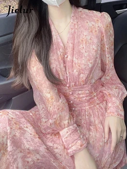 Jielur Vintage Oblečení V-Neck Šaty Tisk Korejský Styl Nové Módní Dlouhý Rukáv Šifon Šaty Ženy Růžové Oblečení Vestidos Letní Obrázek