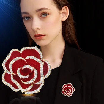 Klasický Vintage Barokní Luxusní Červené Růže Květ Crystal Brože Kolíky Pro Ženy, Lady Drahokamu Odznaky Strana, Banket Příslušenství Obrázek