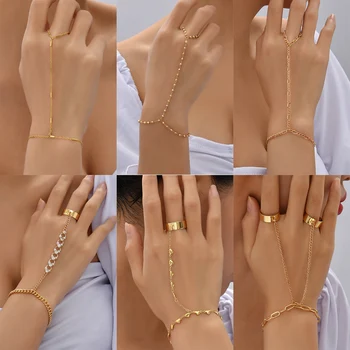 Kreativní Měděný pozlacený Korálek Řetězce Připojen Prst Prsten Náramek Náramky pro Ženy Spojené Ruce Svazek Módní Šperky Dárek Obrázek