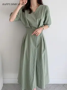 Letní Midi Šaty Vintage Solidní Prádlo V-Neck Krátký Rukáv Elastický Pas Žena, Elegantní Zelený Korejský Módní Ženy Oblečení Obrázek