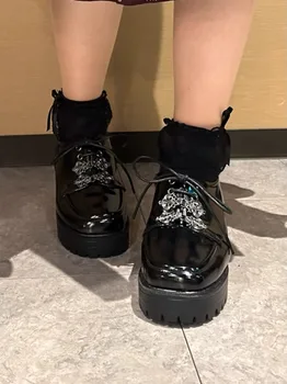 Lolita Styl Mokasíny Zapatos Mujer Krajky Boty pro Ženy, Japonsko Kolo Toe Vysoké Podpatky Spony Stap Tacones Chaussure Femme Obrázek