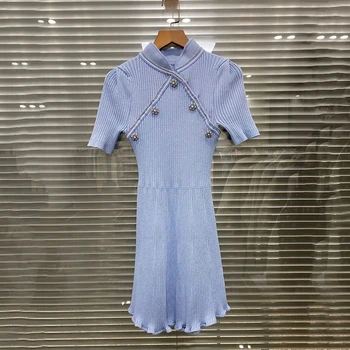 Modrá těžkých drahokamu knoflíky Čínské cheongsam límec šaty módní strečové Slim pletené hip fishtail šaty ženské 2023 nové Obrázek