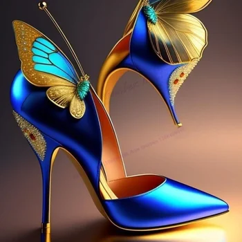 Modré Saténové Butterfly Dekor Mělké Čerpadla Crytsal Špičaté Toe Boty pro Ženy Tenké Vysoké Podpatky Sexy Boty 2023 Zapatos Para Mujere Obrázek