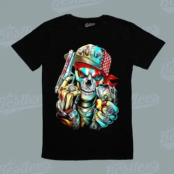 MUŽ ŽENA Děti Gangster Pistole Ulici Rebel Skull Skeleton T Shirt Obrázek