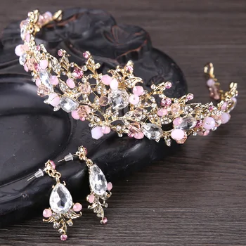 Módní Design Růžový List Crystal Nevěsta Náhrdelník Náušnice Čelenky Korunky Svatební Svatební Šperky Příslušenství Pro Ženy Obrázek