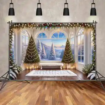 MĚSÍC.QG Pozadí Vánoční Strom Ornament Vesnice Dekorace pro Domov Pozadí Křídlo Okna Zobrazení Snow Mountain Pine Photo Booth Obrázek