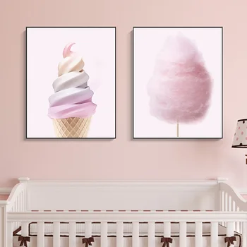 Nordic Plakáty a Tisky Růžová zmrzlina, cukrová Vata, Plátno Malba, Moderní Nástěnný Obraz pro Dívku Pokoj Dezert Shop Dekorace Obrázek