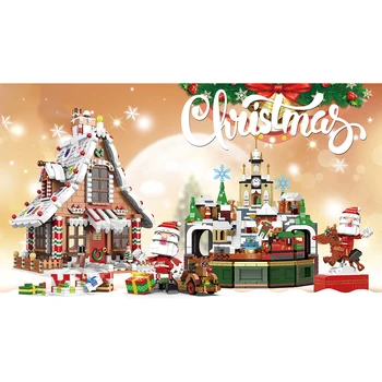 Nové Vánoční Dům Dům Stavební Bloky Přátele Music Box Hrad Vlaku Santa Claus Jelen Vozík Strom Cihly Hračky Pro Děti Dárky Obrázek