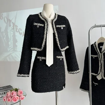 Podzimní Černý Tweed Korálkové Šaty Ženy Oblek Malý Vůně Kabát + Podvazkové Šaty Elegantní Sexy Sladké dvoudílné Lady Set 1627 Obrázek