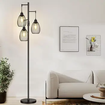 Průmyslové Podlahy Lampy pro Obývací Pokoj,LED Statek Stojící Lampa s 3 Klece Visí Stín, Stmívatelné Vysoký Lampa Rustikální Doma Obrázek