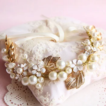 Romantické Zlaté Barvy Listů Imitace Pearl Crystal White Květina Svatební Čelenka Ručně Vyráběné Svatební Vlasové Doplňky, Závoj, Šperky Obrázek