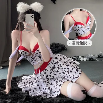 Roztomilé Sexy spodní Prádlo Sling vydlabat Podprsenka Topy a Sukně Služka Cosplay Japonské Anime Roztomilé Mléka, spodní Prádlo Set Zvířat Kráva Kostýmy Obrázek