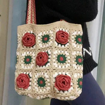 Ručně tkané krásná květina taška přes rameno, dámské kabelky s podšívkou, nákupní tašky, skladování tašky, módní a velkorysý Obrázek