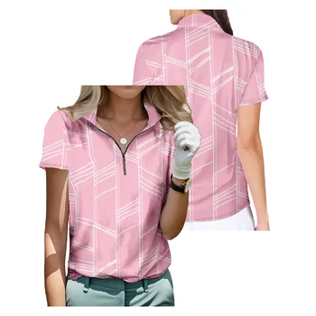 Růžová Barva Bílé Čáry Vzor Krátký Rukáv Golfové Tričko Prodyšné Rychlé Suché Half Zip Topy Módní Ženy Streetwear Sportovní Oblečení Obrázek