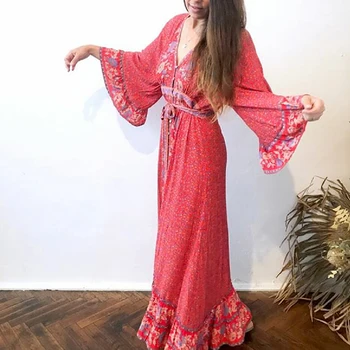 TEELYNN BOHO šaty 2019 červené hedvábí květinové tisk letní Šaty sexy v-neck s Nastavitelný pás Cikánské maxi ženy šaty vestidos Obrázek