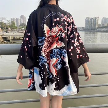 Tradiční Haori Obi Pás Muži Asijské Oblečení Letní Pláž Ženy Svetr Kimono V Japonském Stylu Kapr Tisk Cosplay Košile Yukata Obrázek