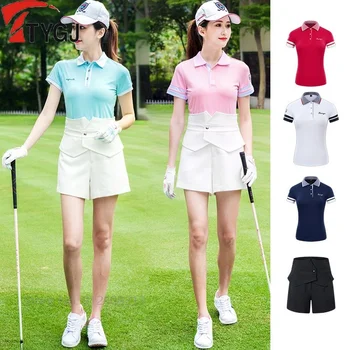 TTYGJ Ženy Fitness Golf Oblek Dámy Slim Fit Krátké Rukávy Golf T-shirt Ženy Vysoké Pasu Šortky Prodyšné Golfové Sety XS-XL Obrázek
