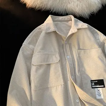 Vafle krásný tričko pánské s dlouhým rukávem jaře a na podzim volné Japonské retro pracovní oděvy bunda módní značky t shirt men košile Obrázek