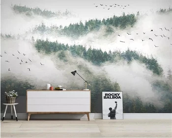 Vlastní 3d tapety Ručně malované borovice lesní mraky, ptáci, mlha, pozadí zeď, bytové dekorace, pozadí 3d tapety Obrázek