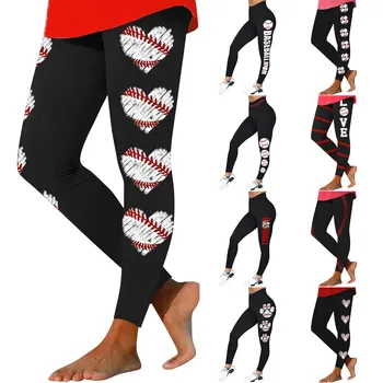 Vysokým Pasem Kalhoty na Jógu Pack Dámské Baseball Print Stretch Legíny Domácí Kalhoty, Ženy Bavlněné S Kapsami Posilovny, Fitness Kalhoty Obrázek