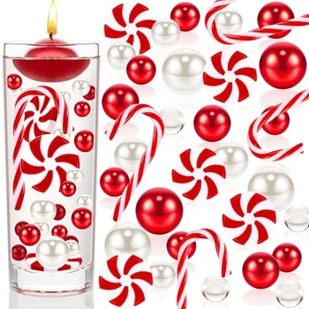 Vánoční Váza Výplň Korálky Bílé A Červené Cukrové Třtiny Pearl Korálky Akrylové Vánoční Váza Výplň Vánoční Plovoucí Perly Výplň Obrázek