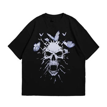 Y2K Módní Letní Horror Skull Print Men T-Shirt O-Neck Krátký Rukáv Ležérní Prodyšné Předimenzované Mužské Tričko tílko Pánské Oblečení Obrázek