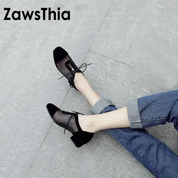 ZawsThia 2020 jaro léto air mesh hallow krajky ženy boty náměstí nízké podpatky ležérní oxford ženy nářečím boty velké velikosti 43 42 Obrázek
