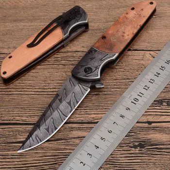 Značka Damašek oceli Skládací Nůž 9Cr18Mov Blade Woodle Oceli Rukojeť Taktické Camping Nože Nástroj Přežití Lovecký Kapesní Nůž Obrázek