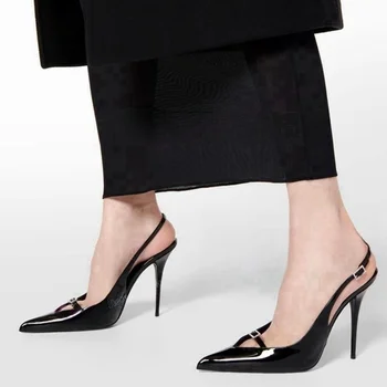 Černé Lakované Kůže Slingback Sandály Crystal Spony Špičaté Toe Boty pro Ženy Tenké Vysoké Podpatky Boty 2023 Zapatos Para Mujere Obrázek