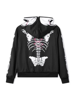 Ženy s Halloween Ležérní Kabát s Kapucí Černé Dlouhý Rukáv Skeleton Print Zip Up Hoodie Obrázek
