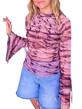 Ženy Y2K Tie Dye Print Topy Dlouhé Vzplanutí Rukáv Kolem Krku Smocked Slim Fit T Košile Podzim Halenky Streetwear Obrázek